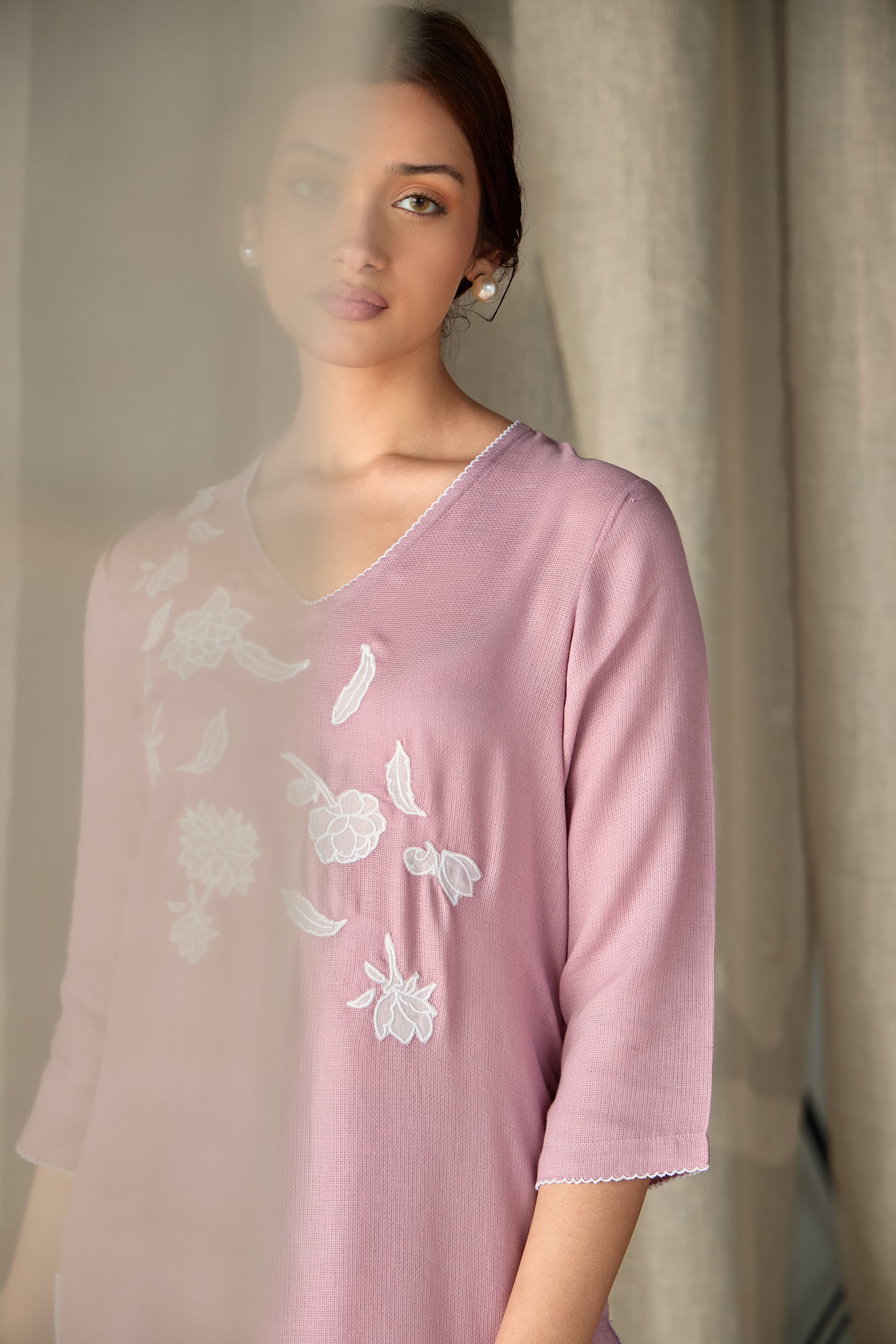 Blossom Pink Applique Linen Kurta Set