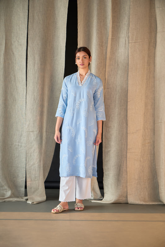 Blue Linen Schiffli Cutwork Kurta