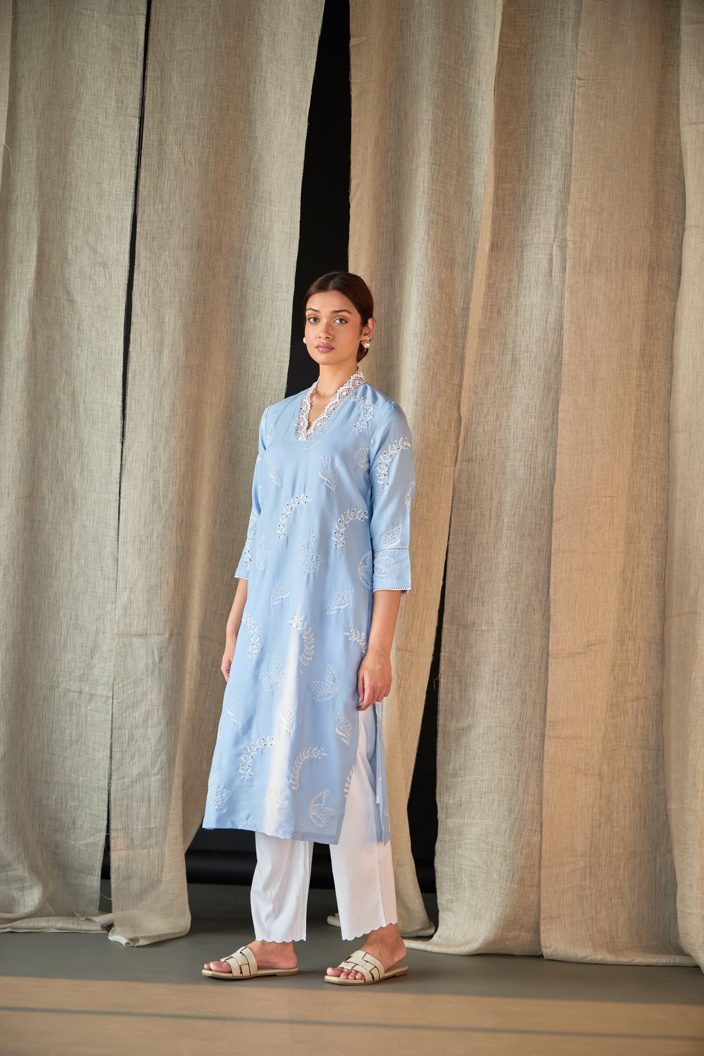 Blue Linen Schiffli Cutwork Kurta