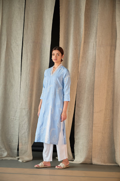 Blue Linen Schiffli Cutwork Kurta