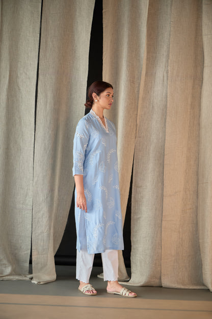 Blue Linen Schiffli Cutwork Kurta