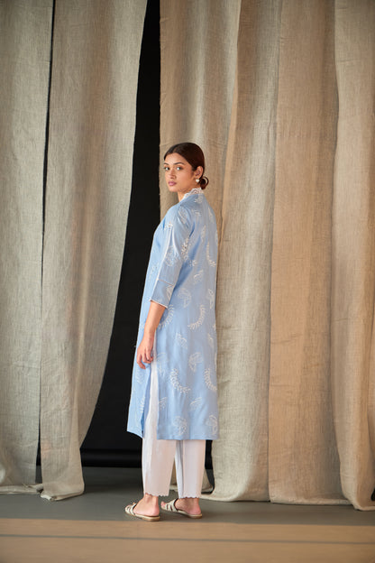 Blue Linen Schiffli Cutwork Kurta