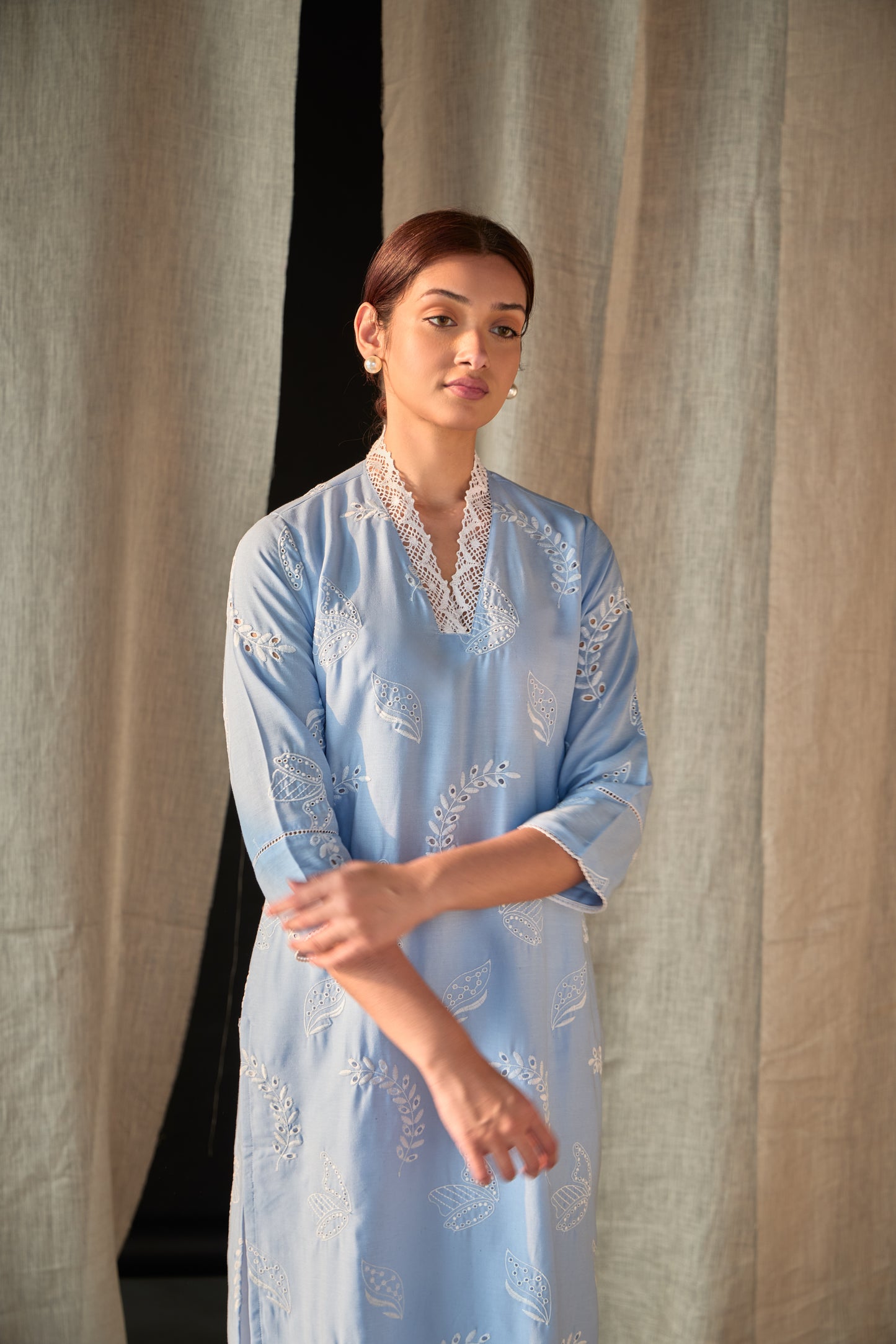 Blue Linen Schiffli Cutwork Kurta