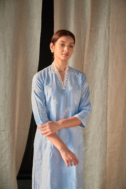 Blue Linen Schiffli Cutwork Kurta