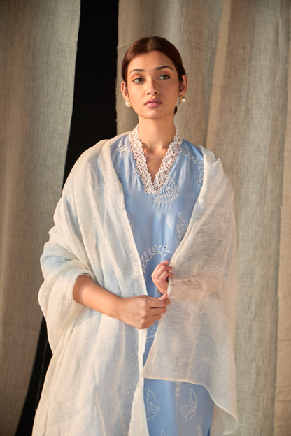 Blue Linen Schiffli Cutwork Kurta