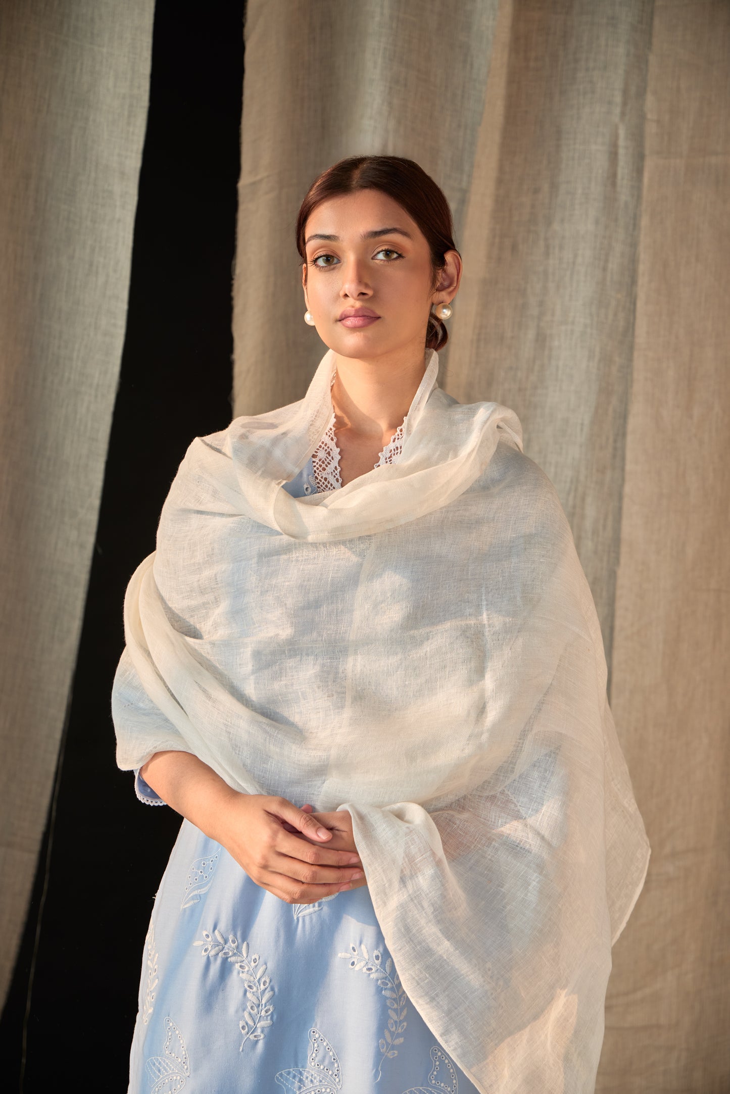 Blue Linen Schiffli Cutwork Kurta