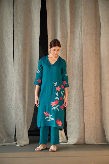 Teal Applique Linen Kurta Set