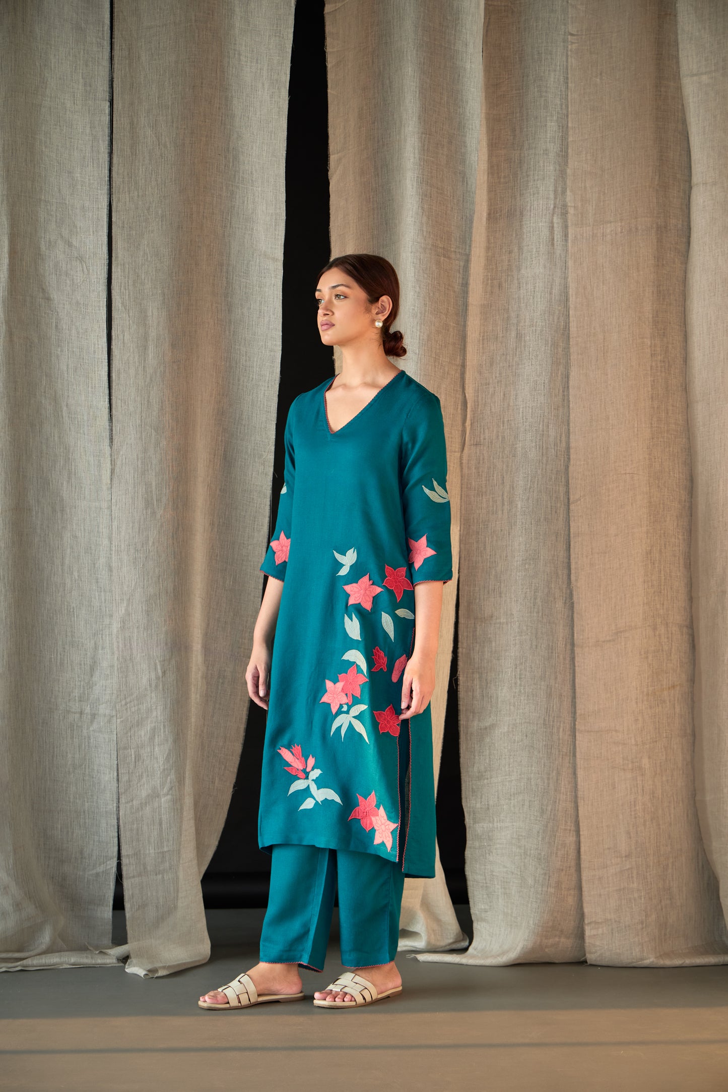 Teal Applique Linen Kurta Set