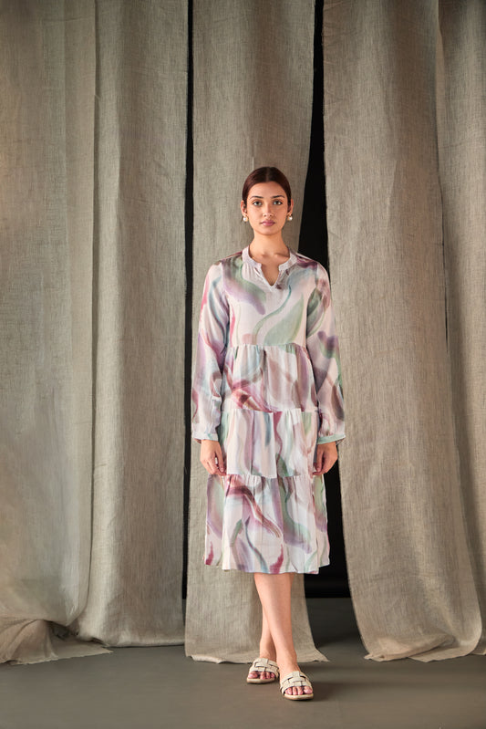 Abstract Midi Tier Linen Dress-Purple White
