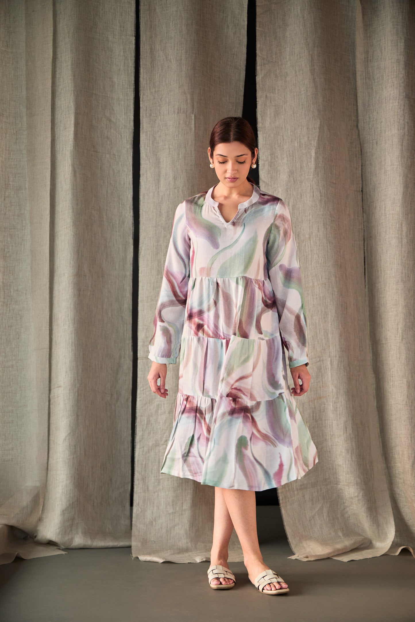 Abstract Midi Tier Linen Dress-Purple White
