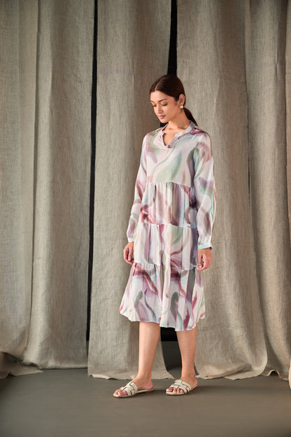 Abstract Midi Tier Linen Dress-Purple White