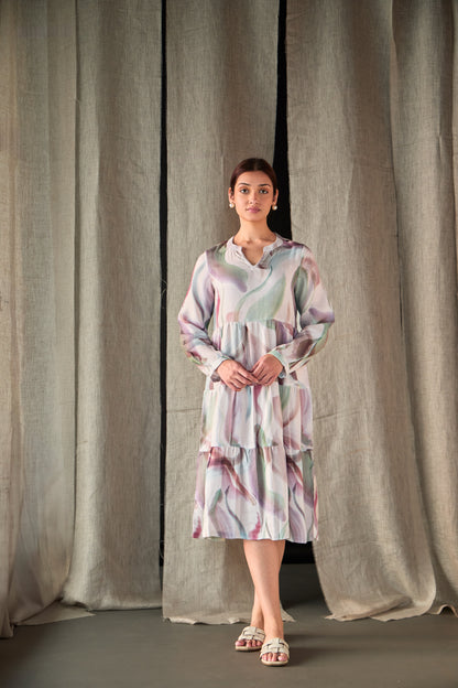 Abstract Midi Tier Linen Dress-Purple White
