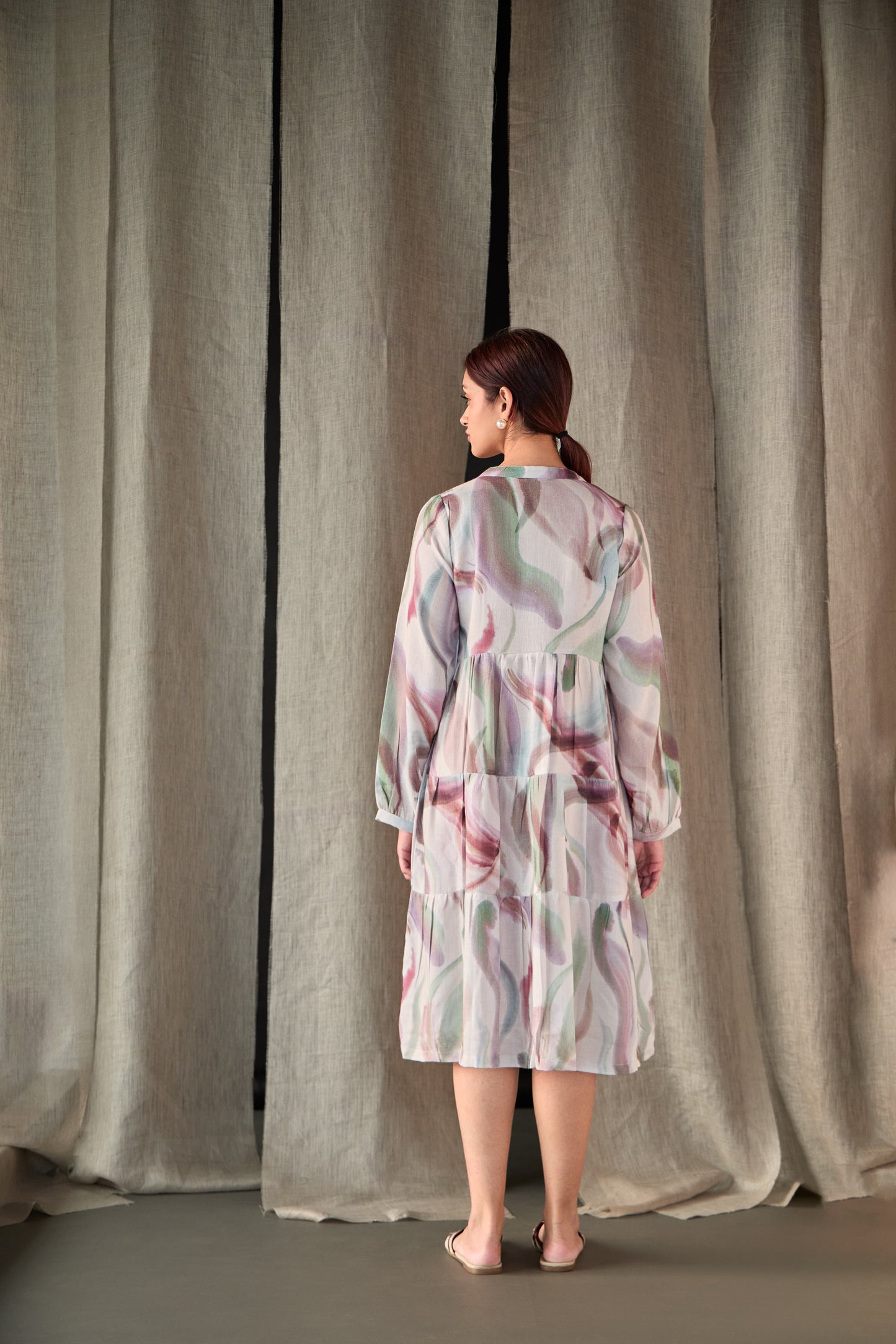 Abstract Midi Tier Linen Dress-Purple White
