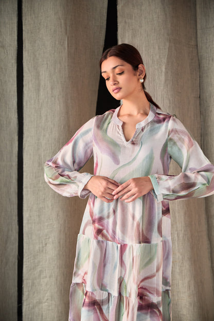 Abstract Midi Tier Linen Dress-Purple White