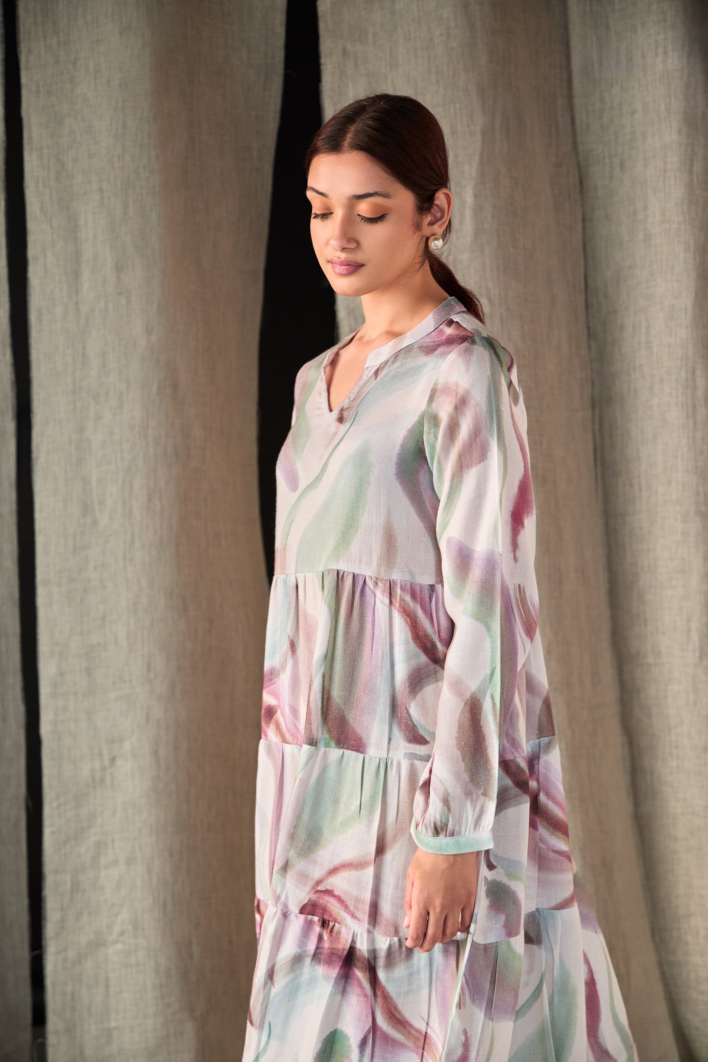 Abstract Midi Tier Linen Dress-Purple White