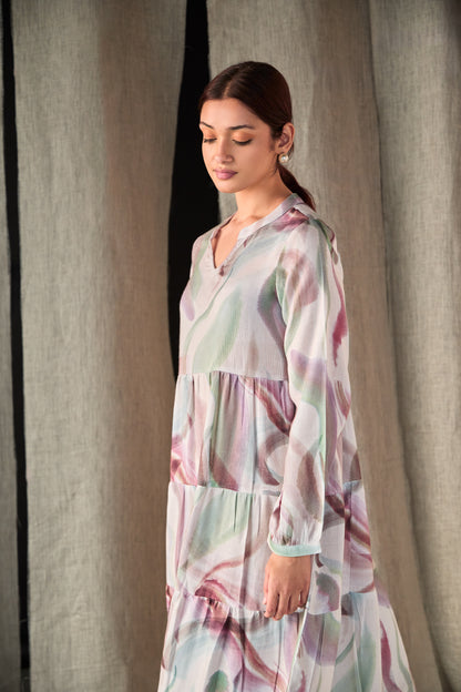 Abstract Midi Tier Linen Dress-Purple White