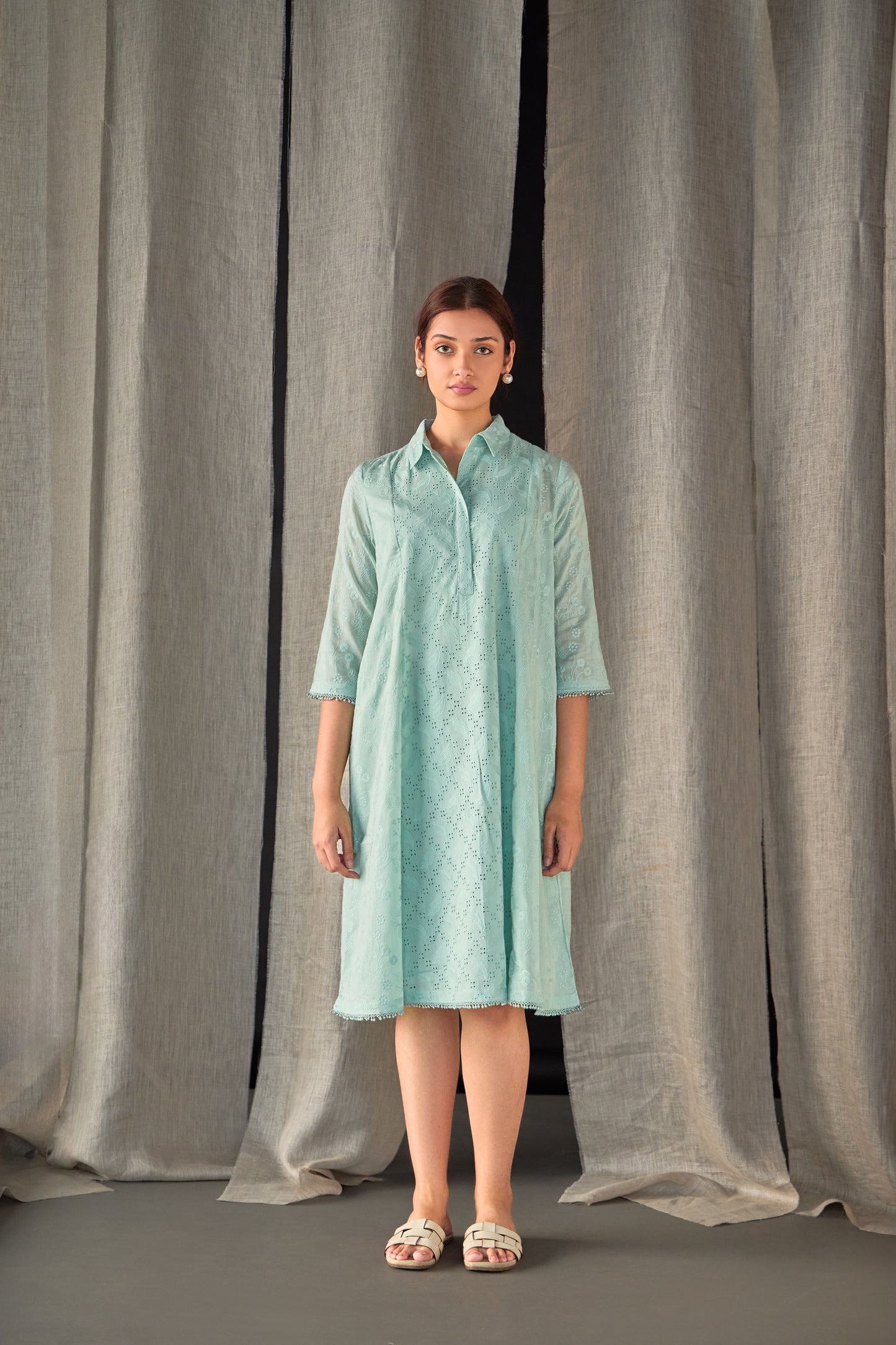 Aqua Pure Cotton Schiffli Cutwork Dress