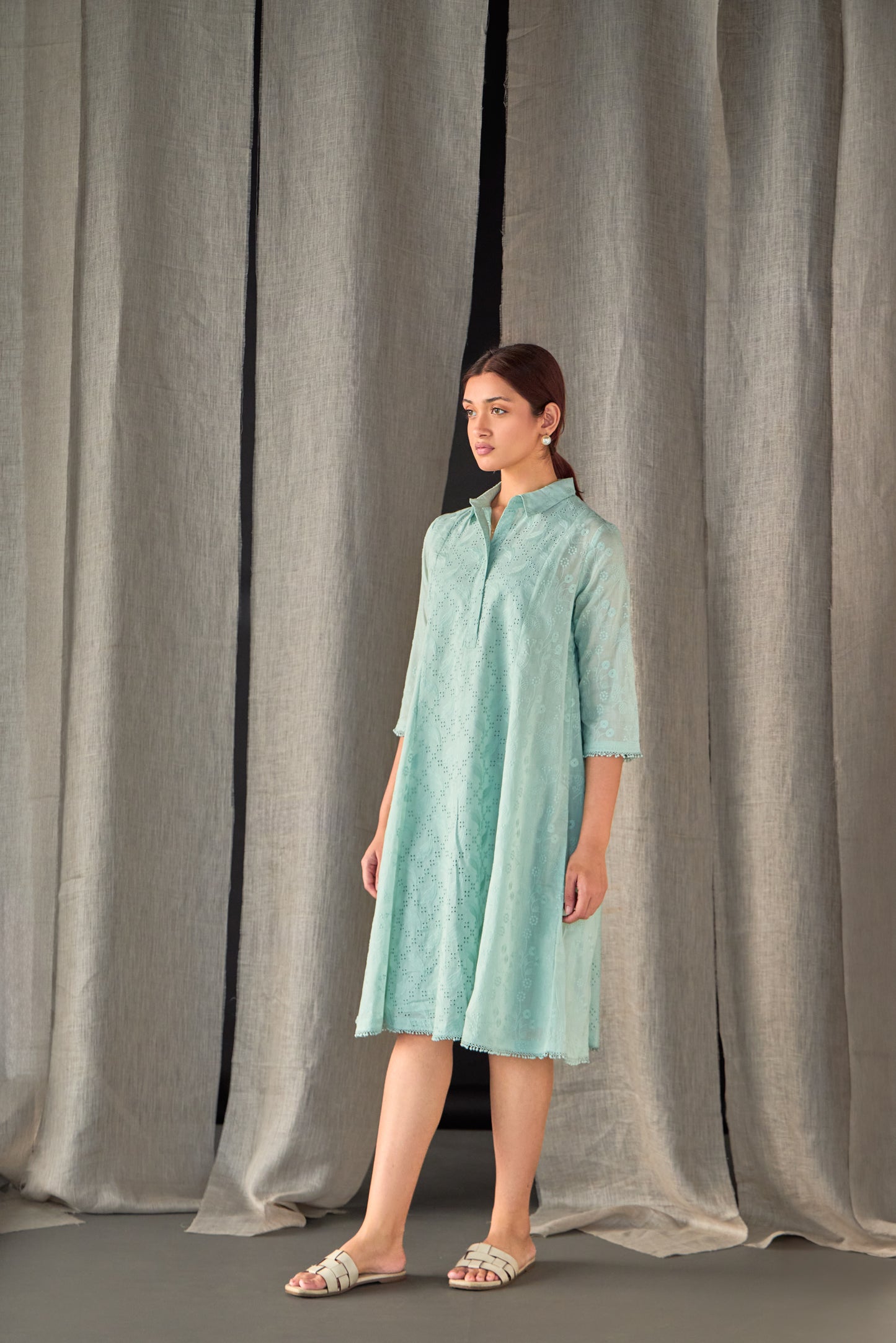 Aqua Pure Cotton Schiffli Cutwork Dress