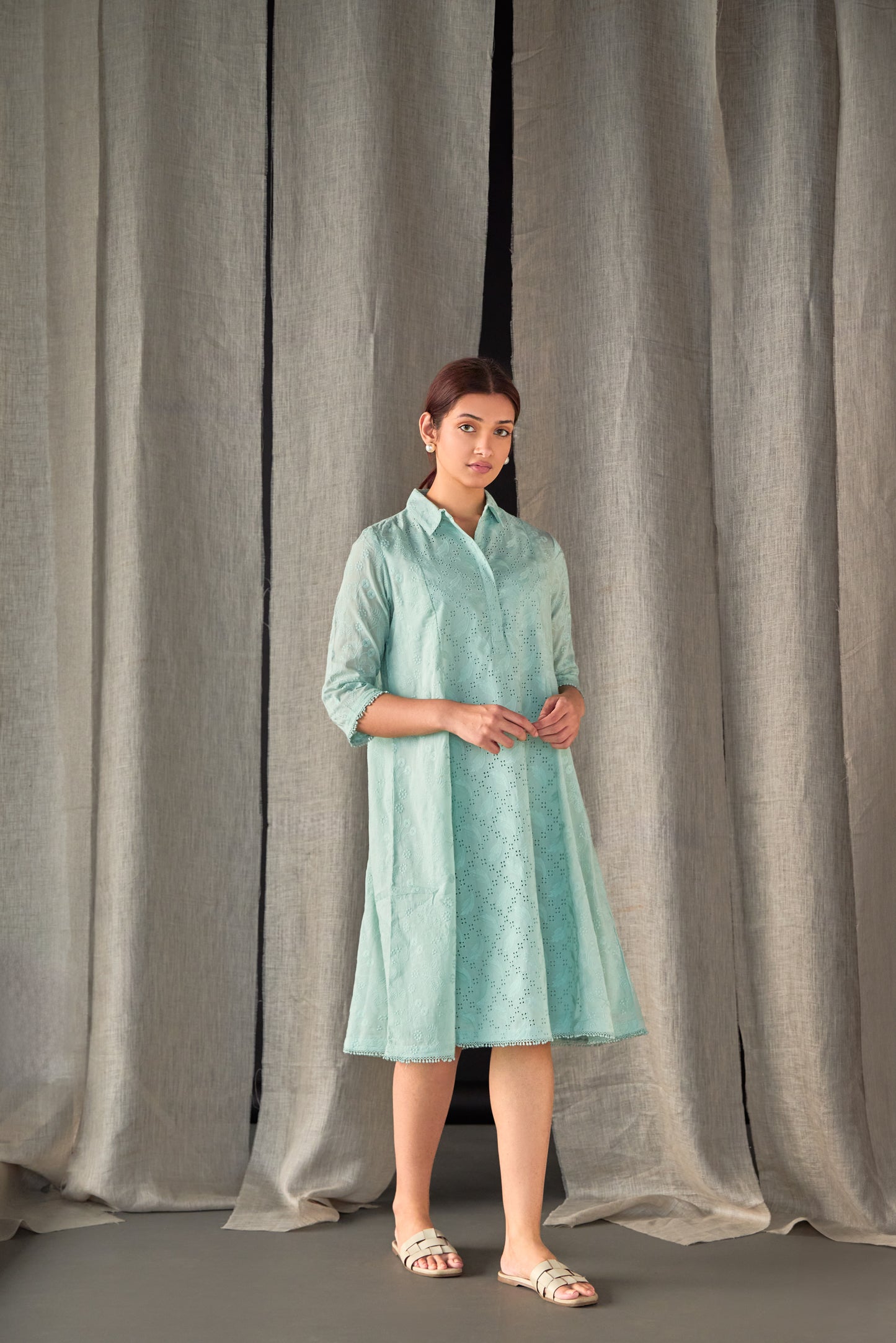 Aqua Pure Cotton Schiffli Cutwork Dress