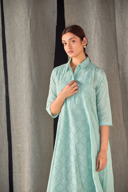 Aqua Pure Cotton Schiffli Cutwork Dress