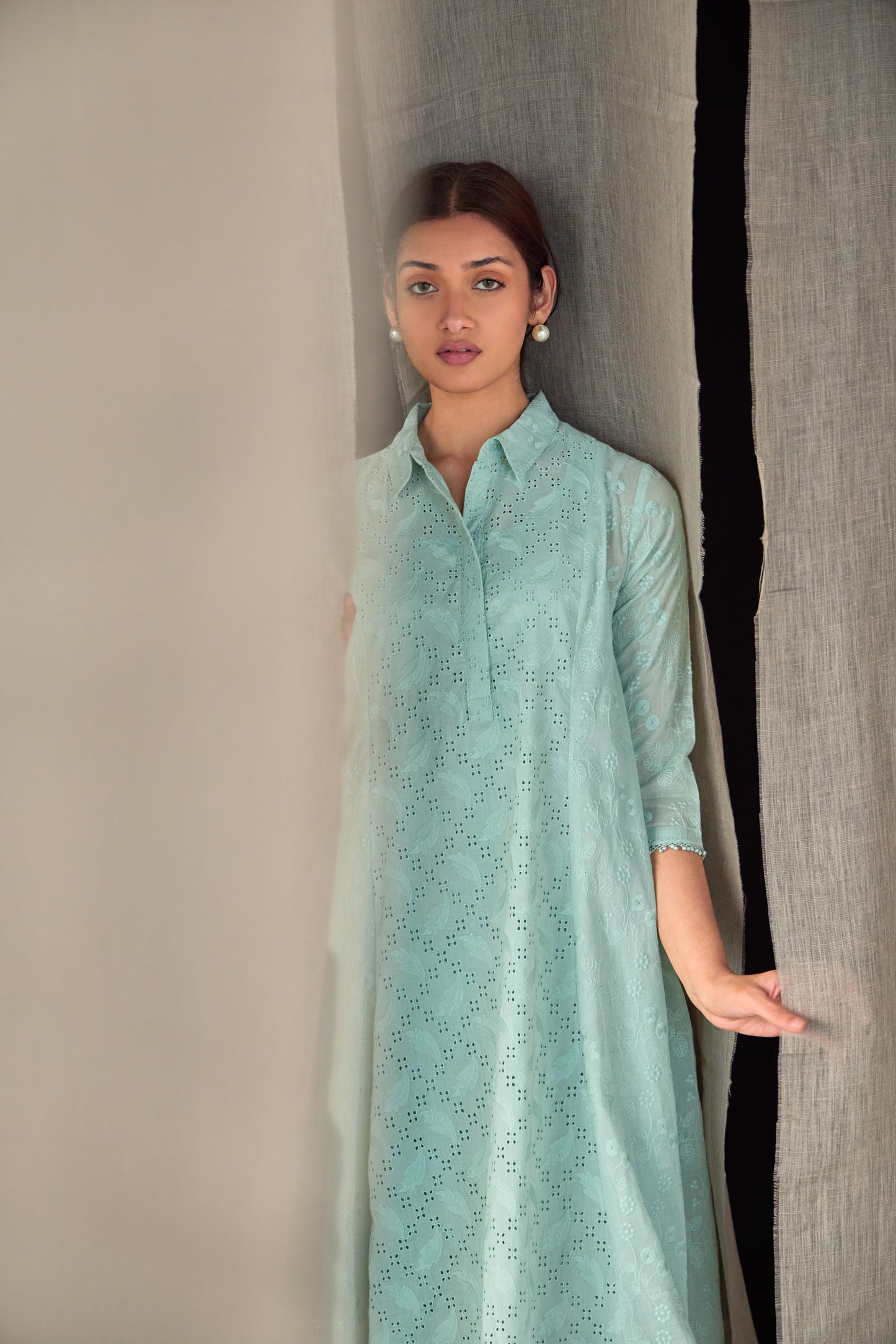 Aqua Pure Cotton Schiffli Cutwork Dress