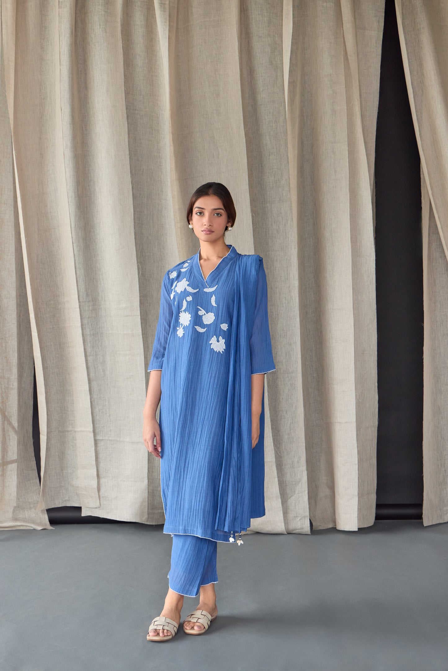 Crinkle Applique Tencel Kurta Set (of 2)- Cobalt Blue