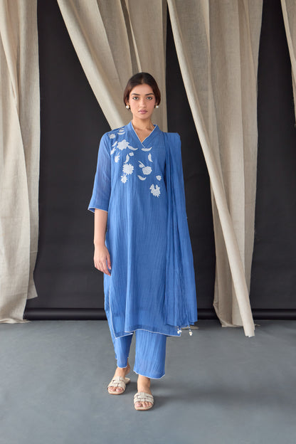 Crinkle Applique Tencel Kurta Set (of 2)- Cobalt Blue