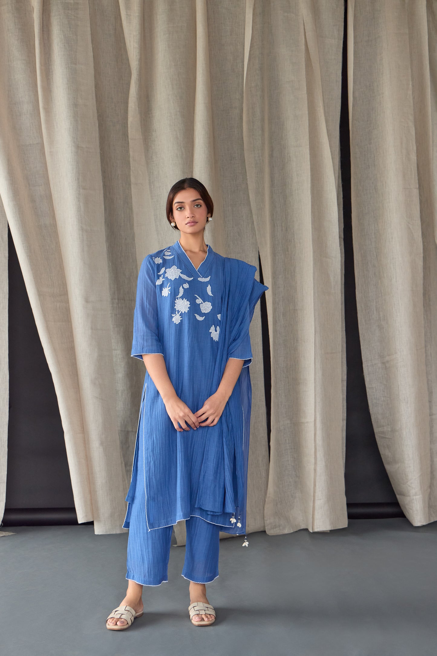 Crinkle Applique Tencel Kurta Set (of 2)- Cobalt Blue