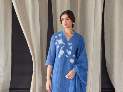 Crinkle Applique Tencel Kurta Set (of 2)- Cobalt Blue