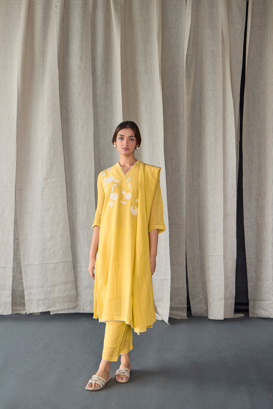 Crinkle Applique Tencel Kurta Set(of 2)-Yellow