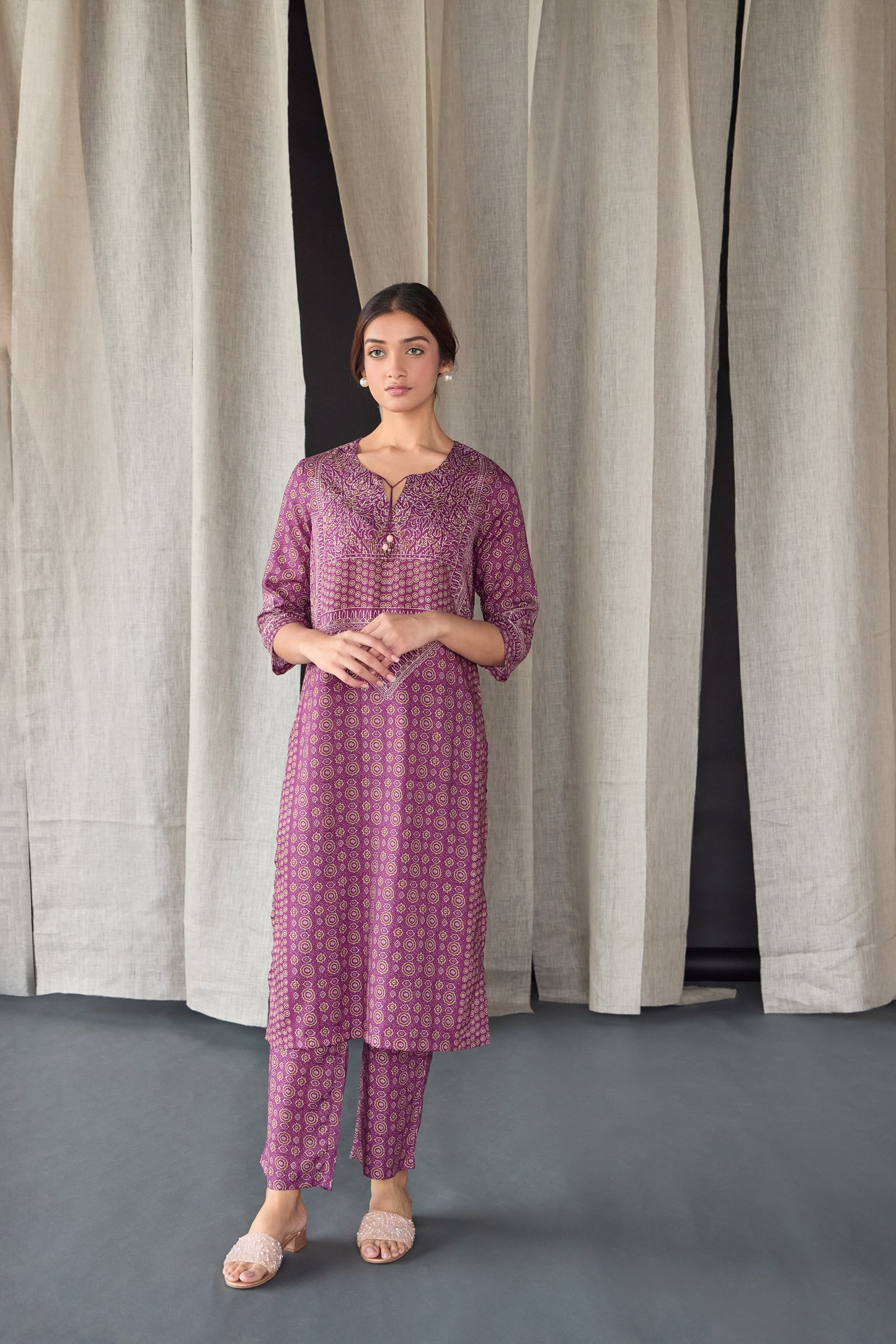 Wine Ajrakh Tencel Kurta Set