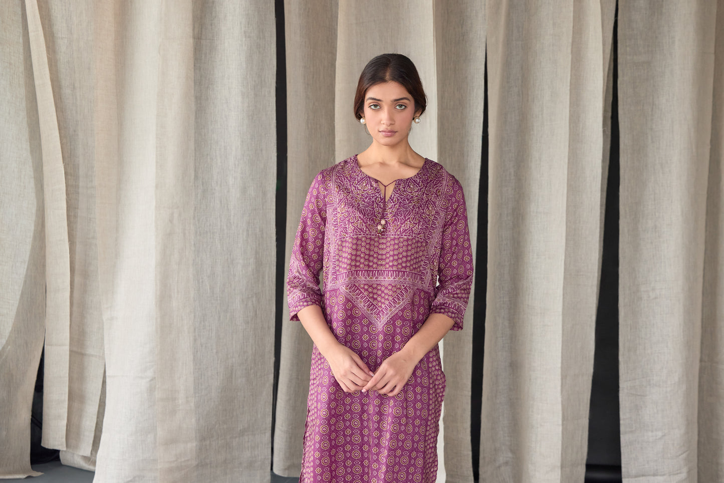 Wine Ajrakh Tencel Kurta Set