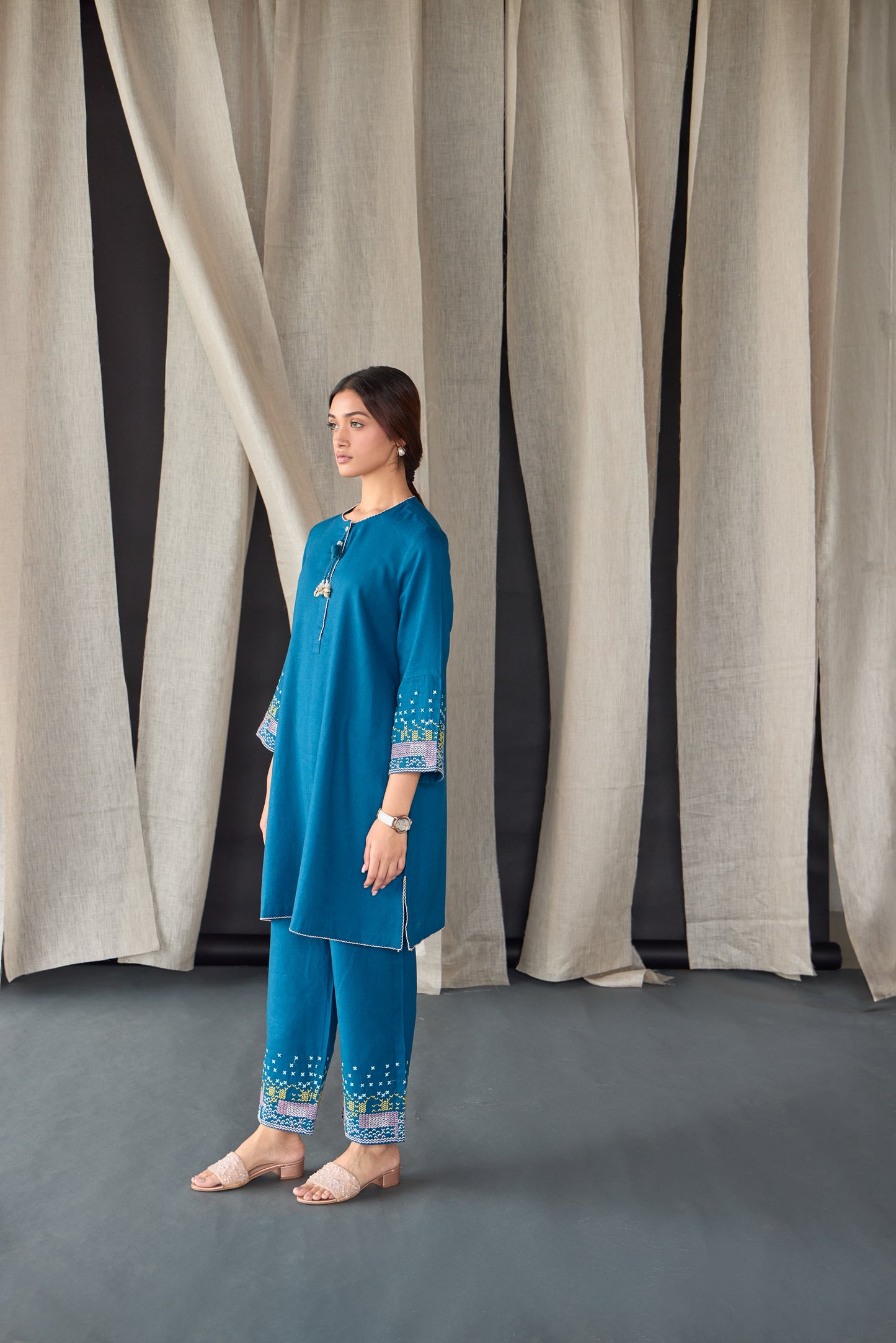 Star Blue Medley Linen Kurta Set