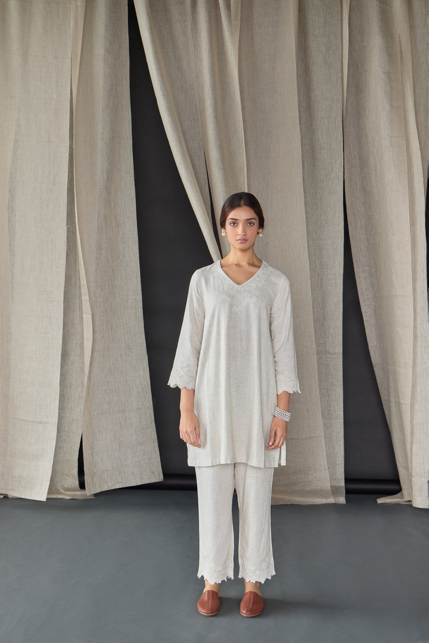 Hand Scalloped Undyed Linen Co-ord Set with Tonal Embroidery