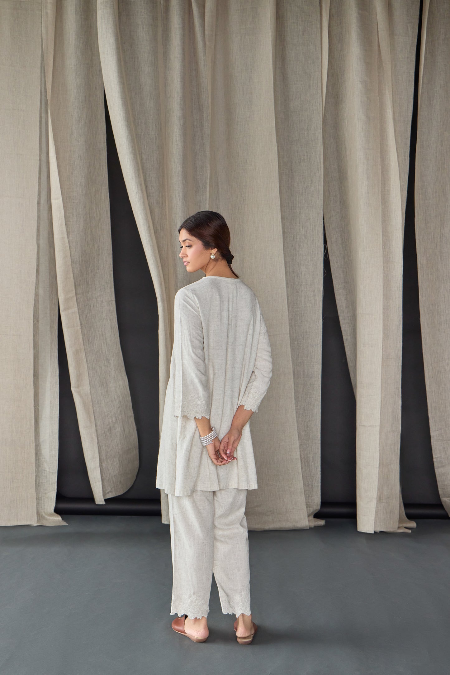 Hand Scalloped Undyed Linen Co-ord Set with Tonal Embroidery