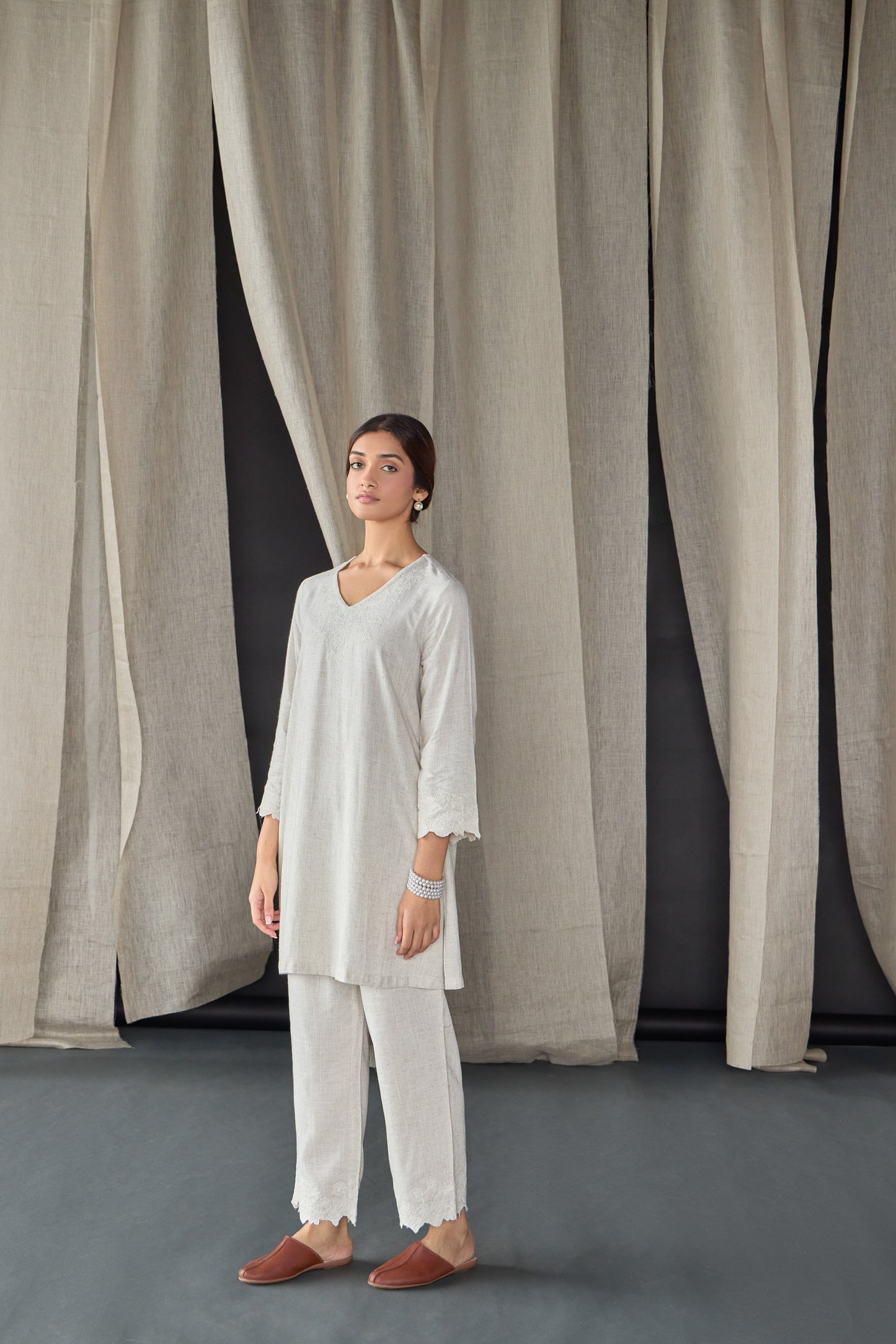 Hand Scalloped Undyed Linen Co-ord Set with Tonal Embroidery