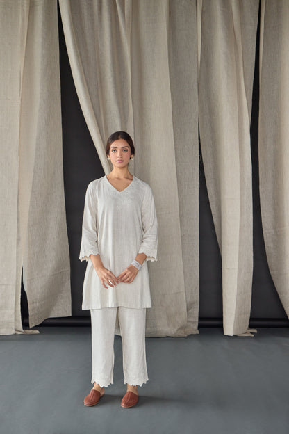 Hand Scalloped Undyed Linen Co-ord Set with Tonal Embroidery