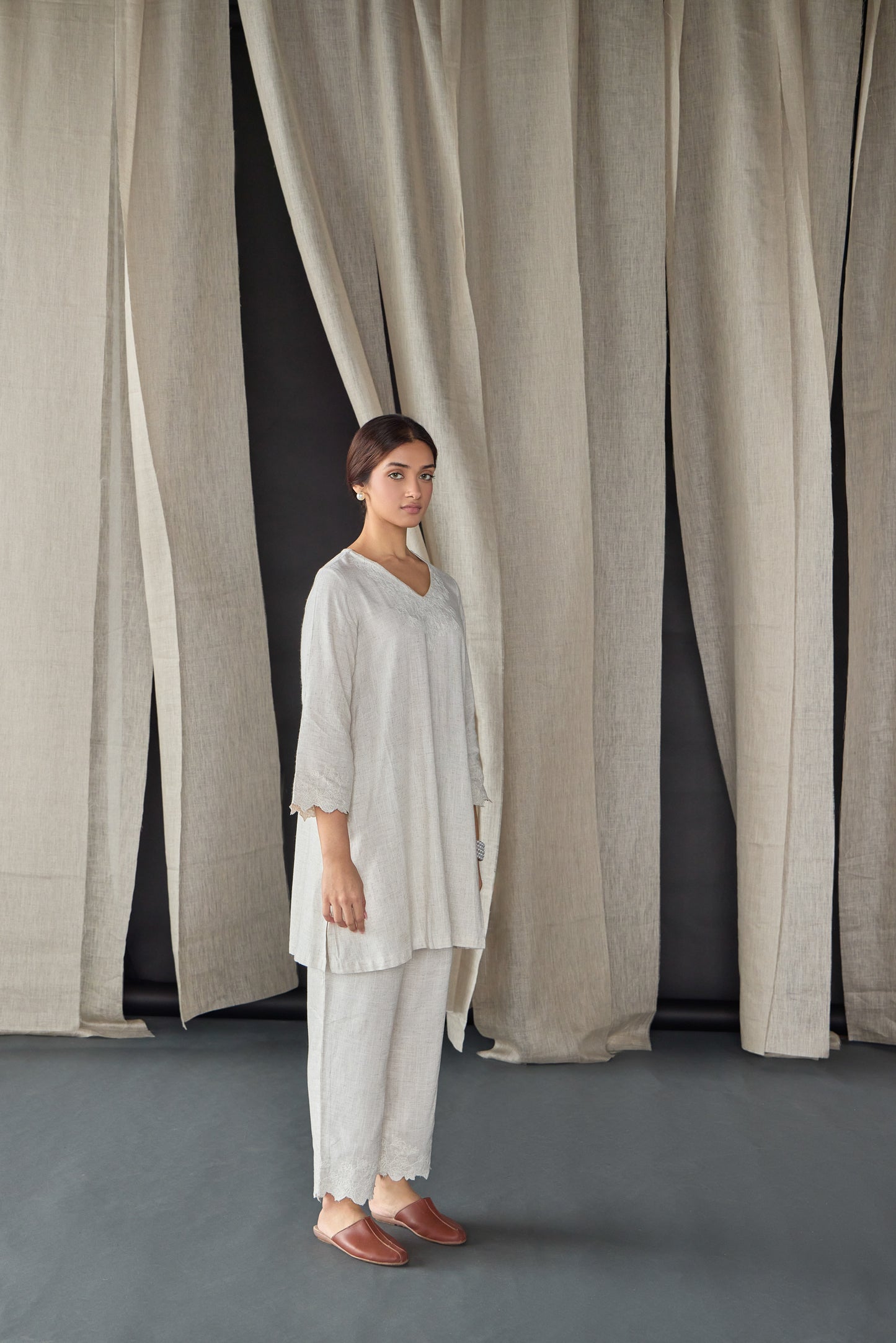 Hand Scalloped Undyed Linen Co-ord Set with Tonal Embroidery