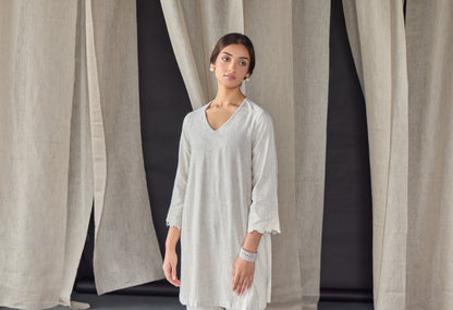 Hand Scalloped Undyed Linen Co-ord Set with Tonal Embroidery