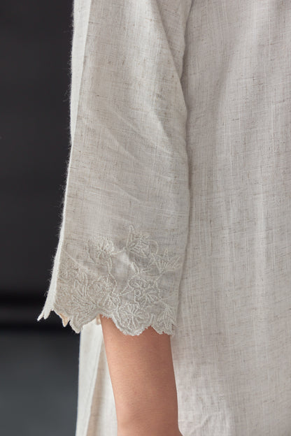 Hand Scalloped Undyed Linen Co-ord Set with Tonal Embroidery