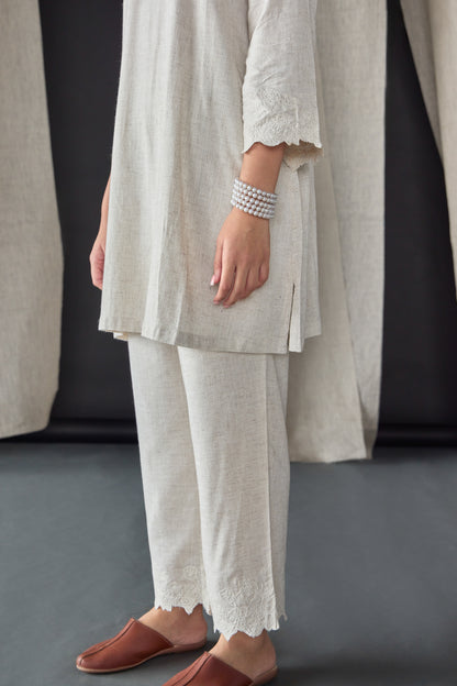 Hand Scalloped Undyed Linen Co-ord Set with Tonal Embroidery