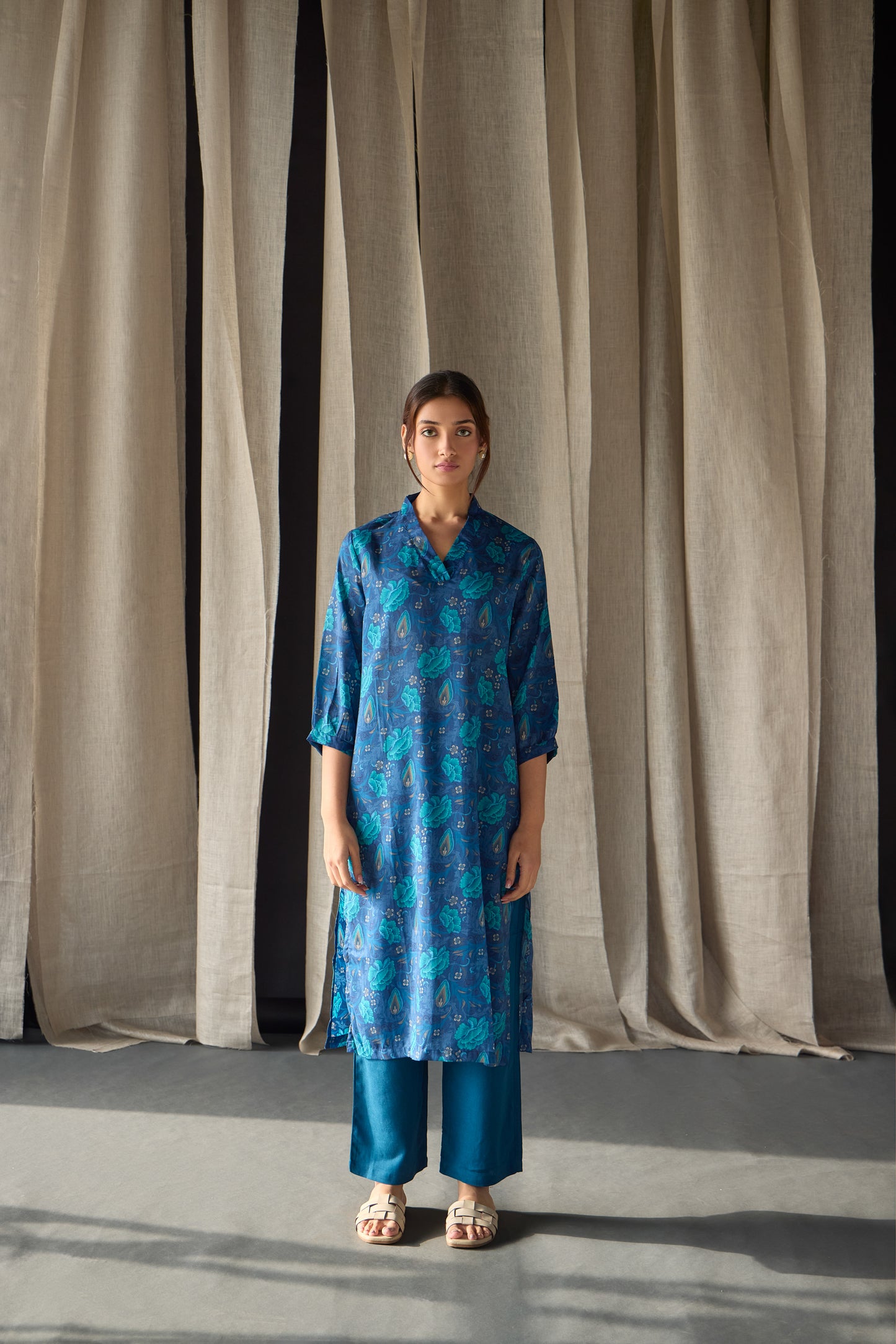 Under-Water Blue Floral Tencel Kurta