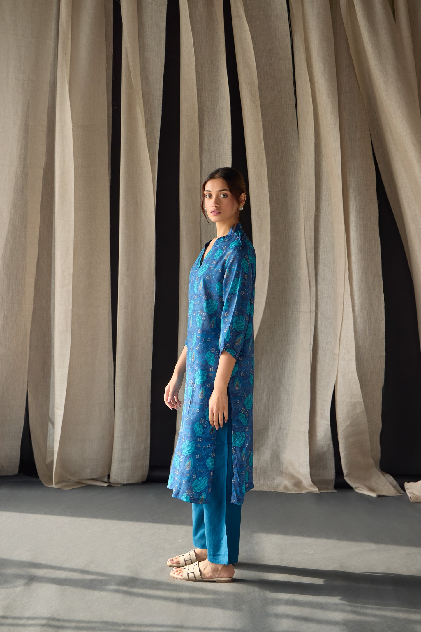 Under-Water Blue Floral Tencel Kurta