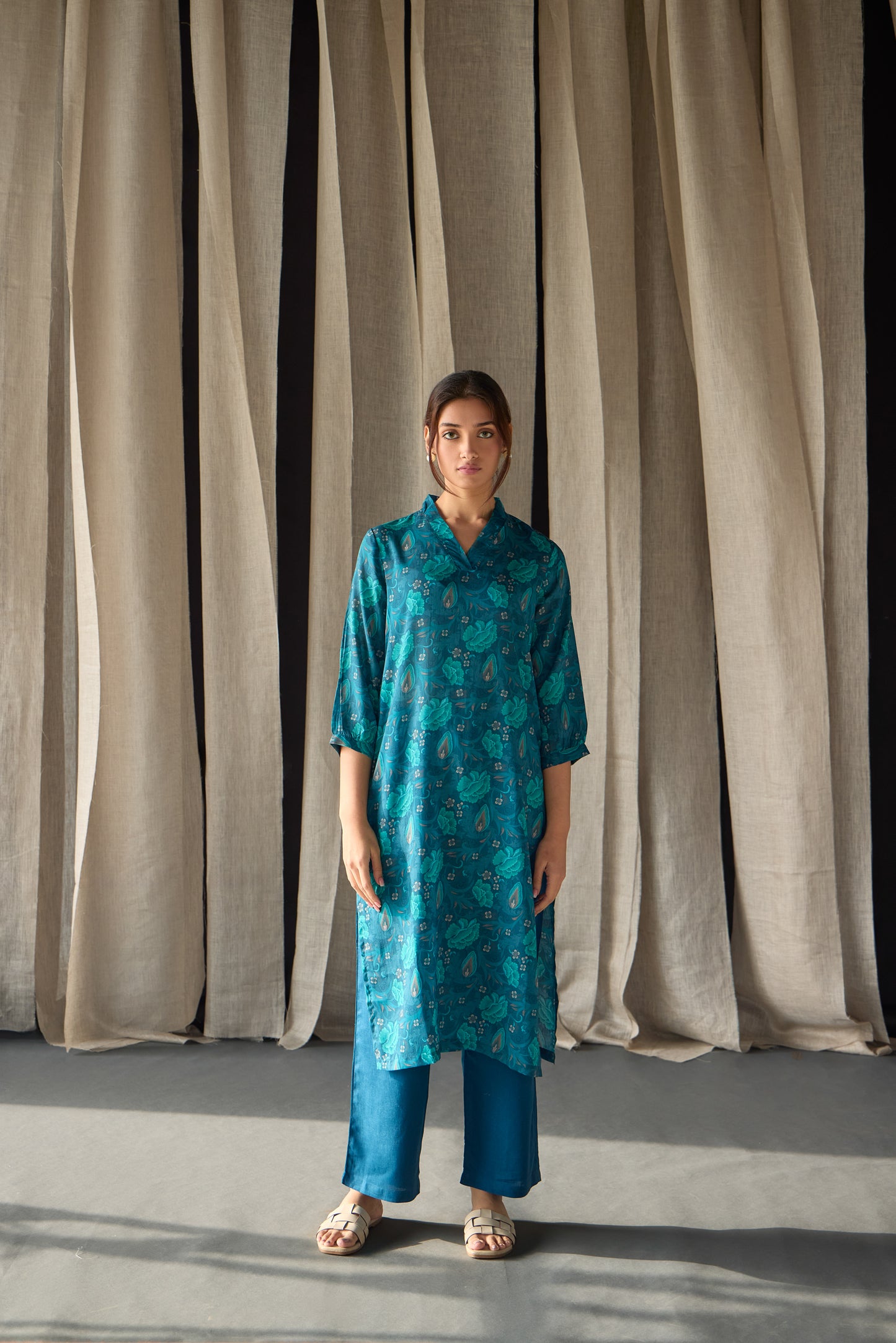 Under-Water Teal Floral Tencel Kurta