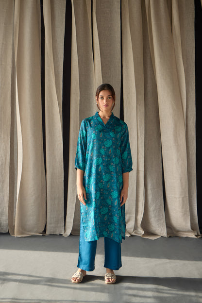 Under-Water Teal Floral Tencel Kurta