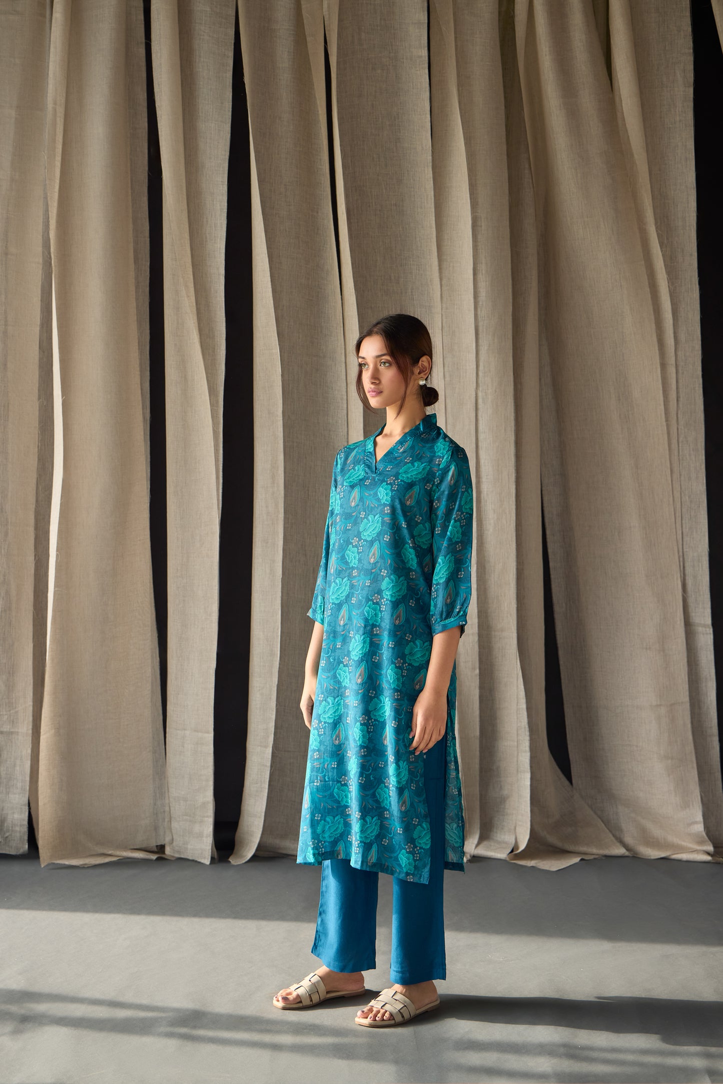 Under-Water Teal Floral Tencel Kurta