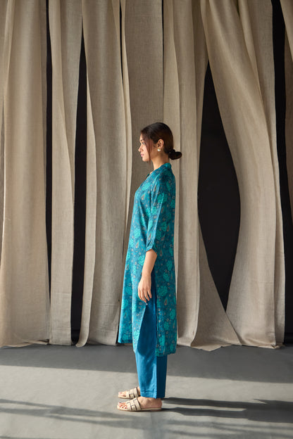 Under-Water Teal Floral Tencel Kurta