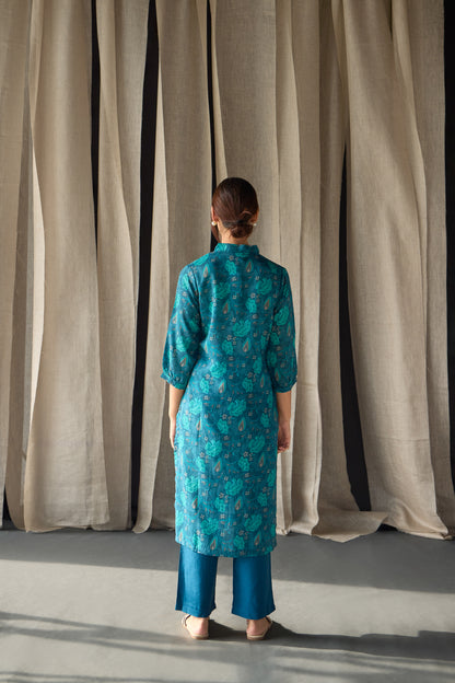 Under-Water Teal Floral Tencel Kurta