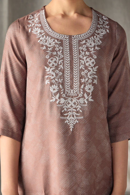 Brown Jacquard Kurta with Yoke Embroidery