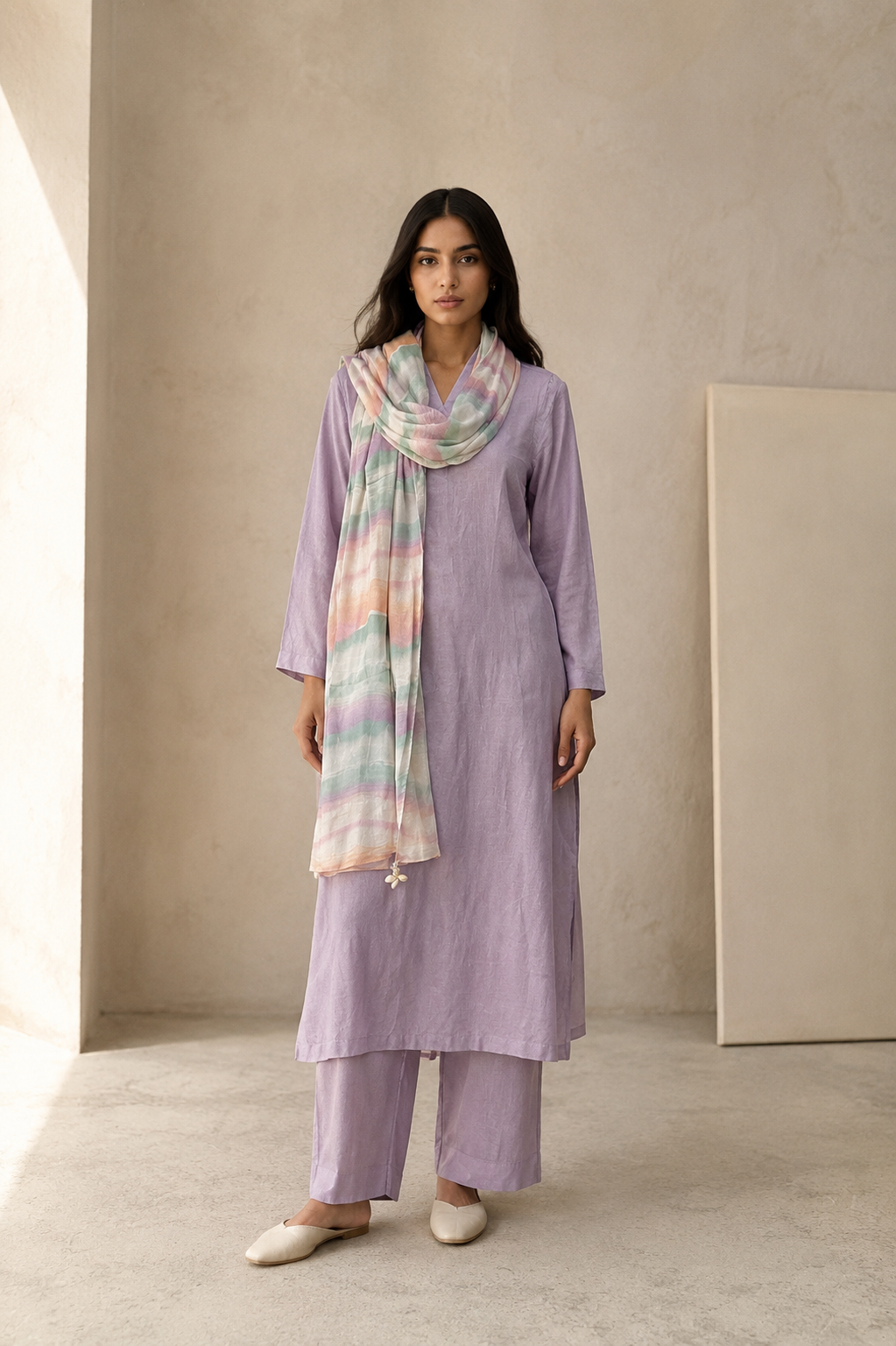 Rozana Linen Kurta Set- Lavender